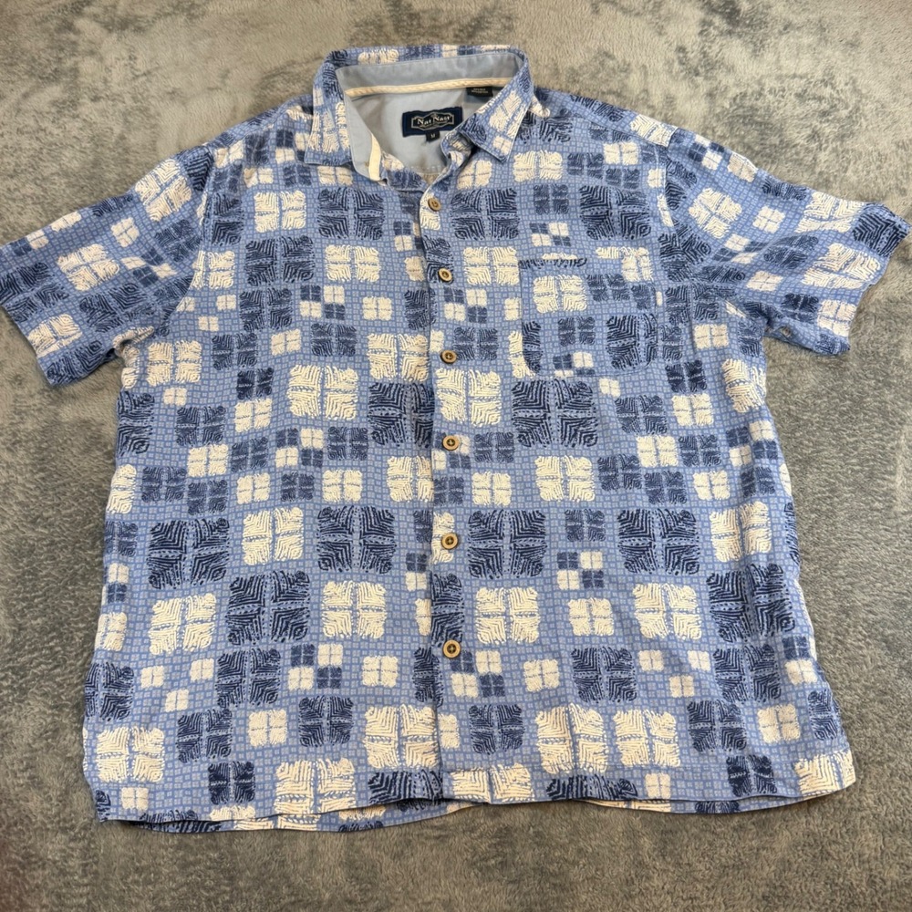 Nat Nast Mens Silk Cotton Blue Geometric Tile Print‎ Short Sleeve Camp Shirt M